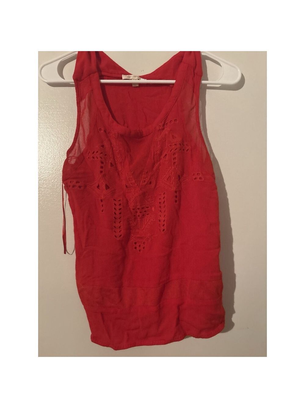 Skies Are Blue Red Embroidered Eyelet Tank Top Mesh Detail Boho Women's Large